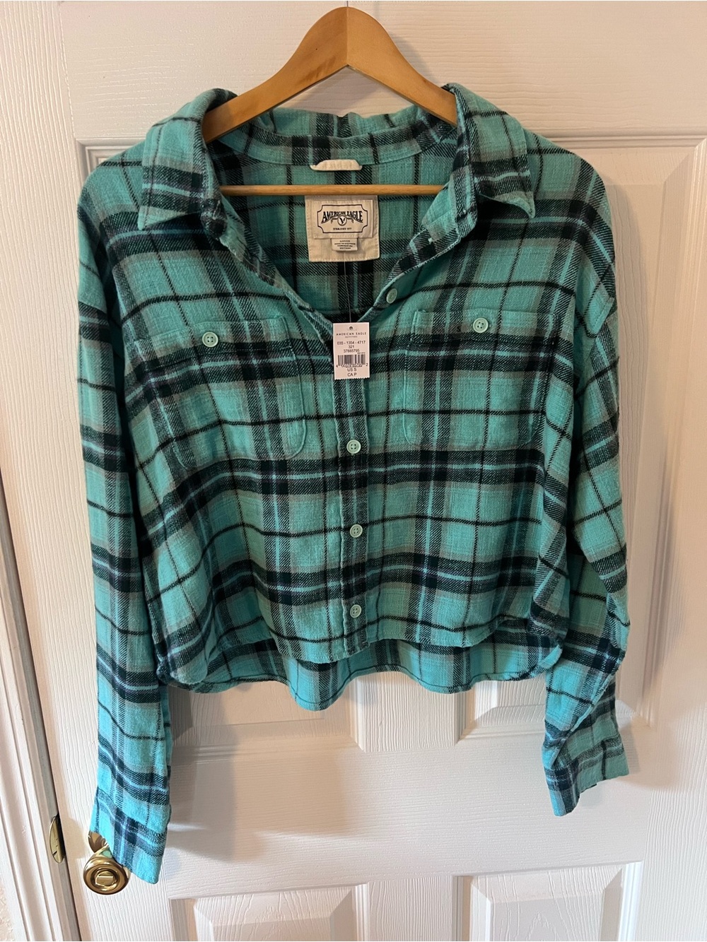 American Eagle 100% Cotton Teal Plaid Flannel Cropped Button Down Shirt Top